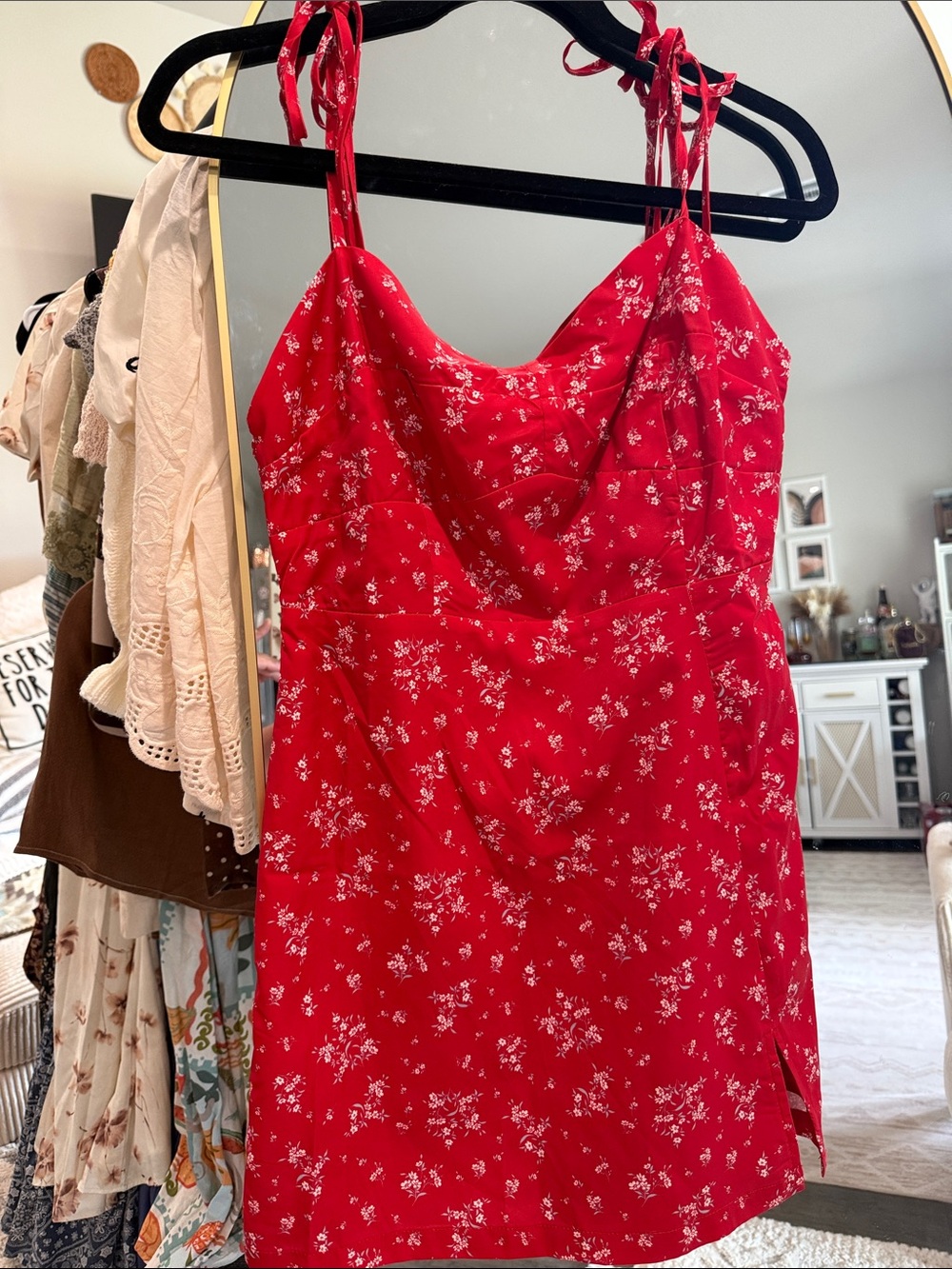 Red Floral Mini Dress with Tie Straps